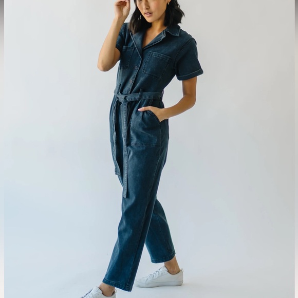 The Fleming Tie Denim Jumpsuit in Black - Picture 3 of 8